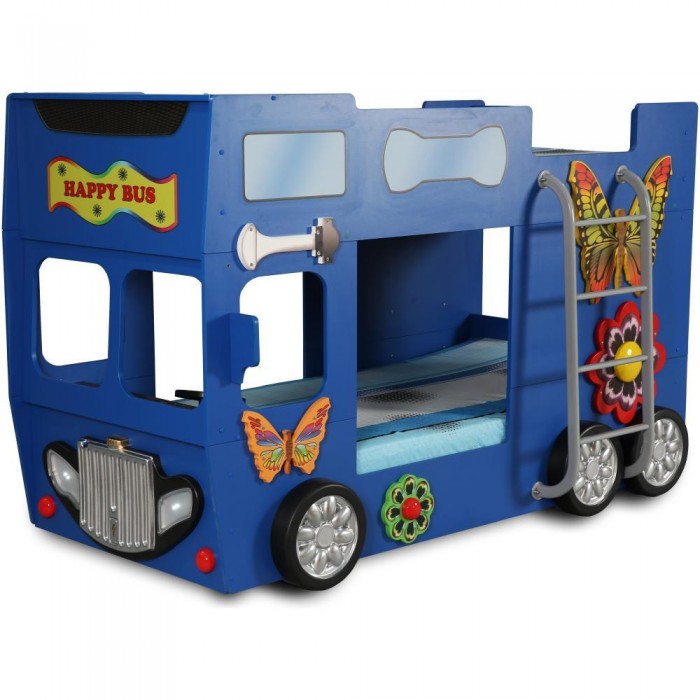 Pat cu etaj Masina Happy Bus - Pat din lemn MDF in forma de autobuz London Bus Plastiko-Albastru